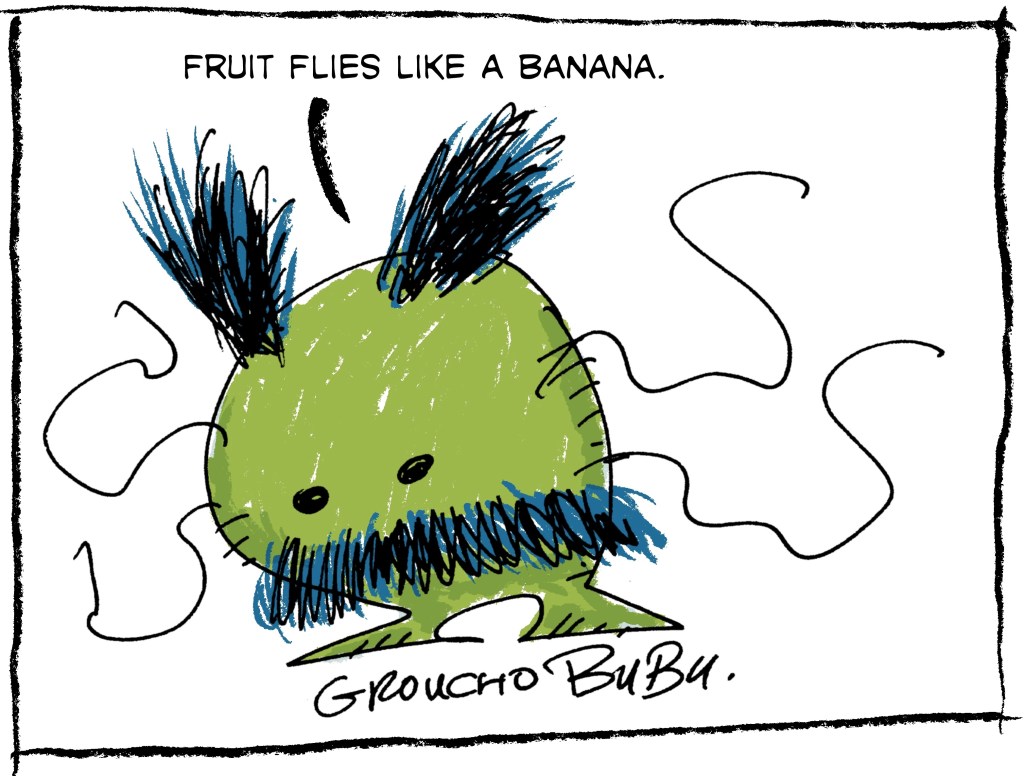 Groucho BuBu. A green BuBu with a large hairy mustache and fuzzy tufts of hair on each side of his scalp. With tendrils waving.