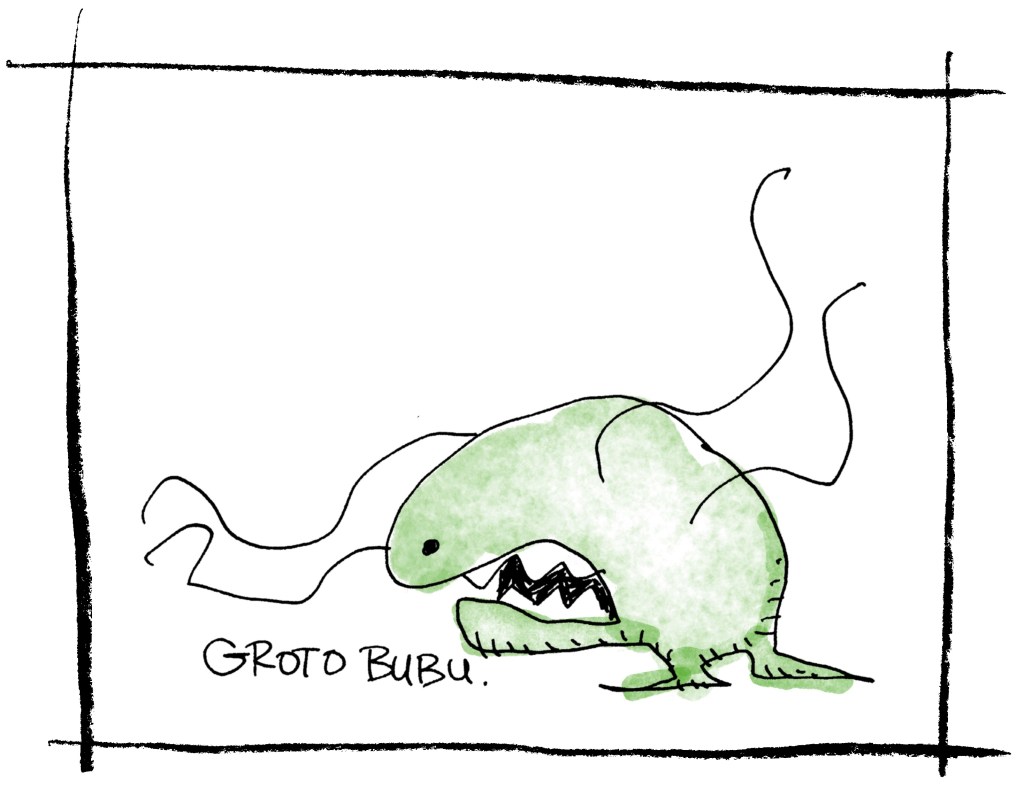 Groto BuBu. Large green and mean BuBu with tendrils lurching forward to bite someone.