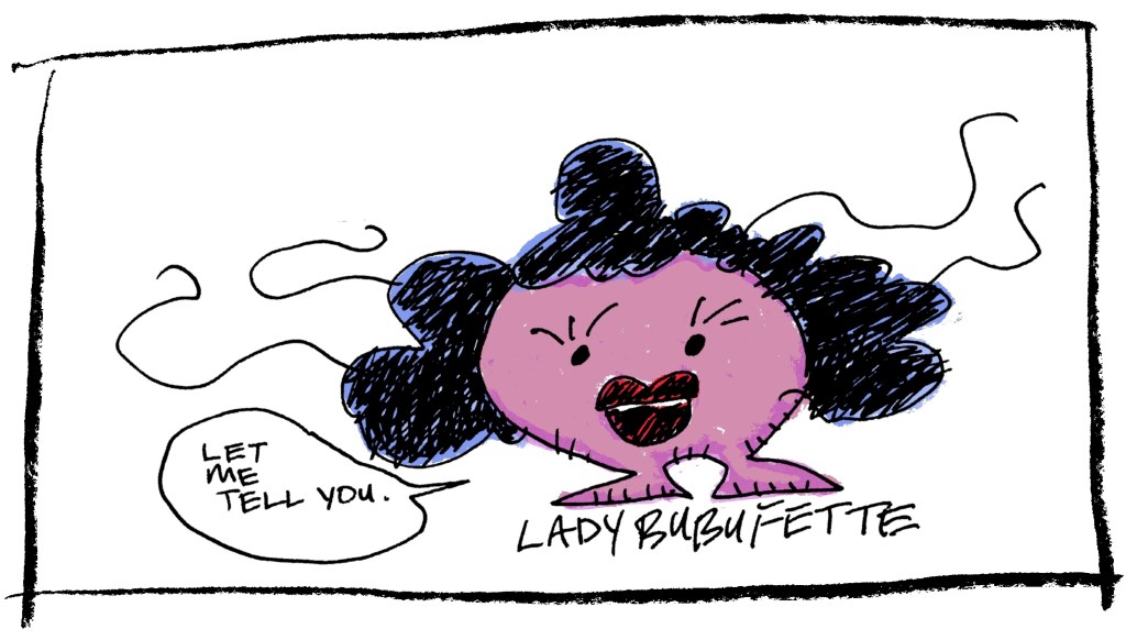 Lady BuBuFette. Purple BuBu with luscious black hair, lush red lips, and a huge brain to think with. The smartest of the BuBu Moderno. With Tendrils.