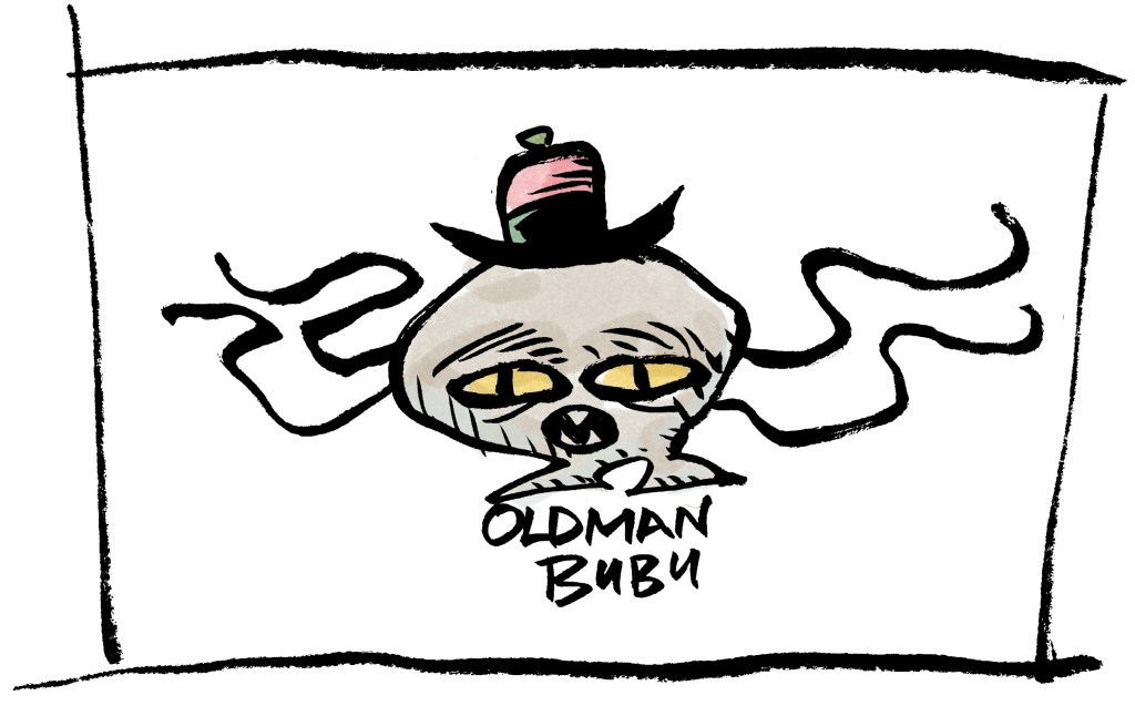Oldman BuBu. Grey skin, dull red hat, yellow eyes, slightly fanged hole of a mouth, with... Tendrils.