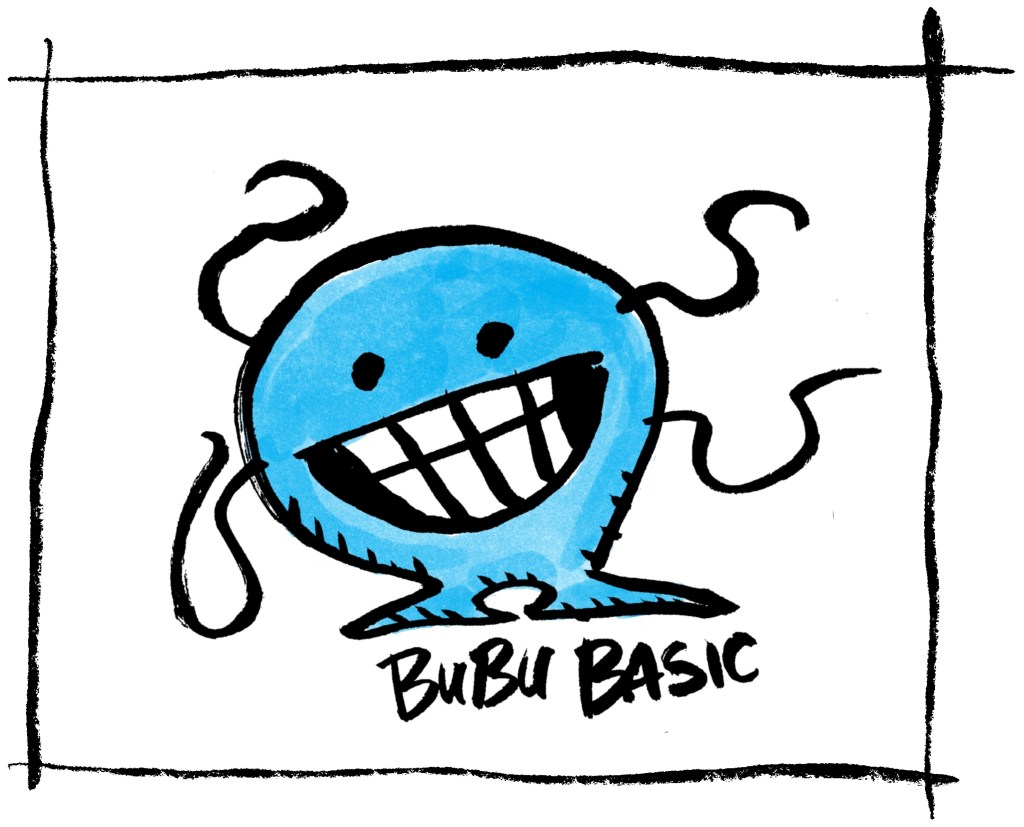BuBu Basic. A Blue micro-cephalopod with tendrils smiling widely.